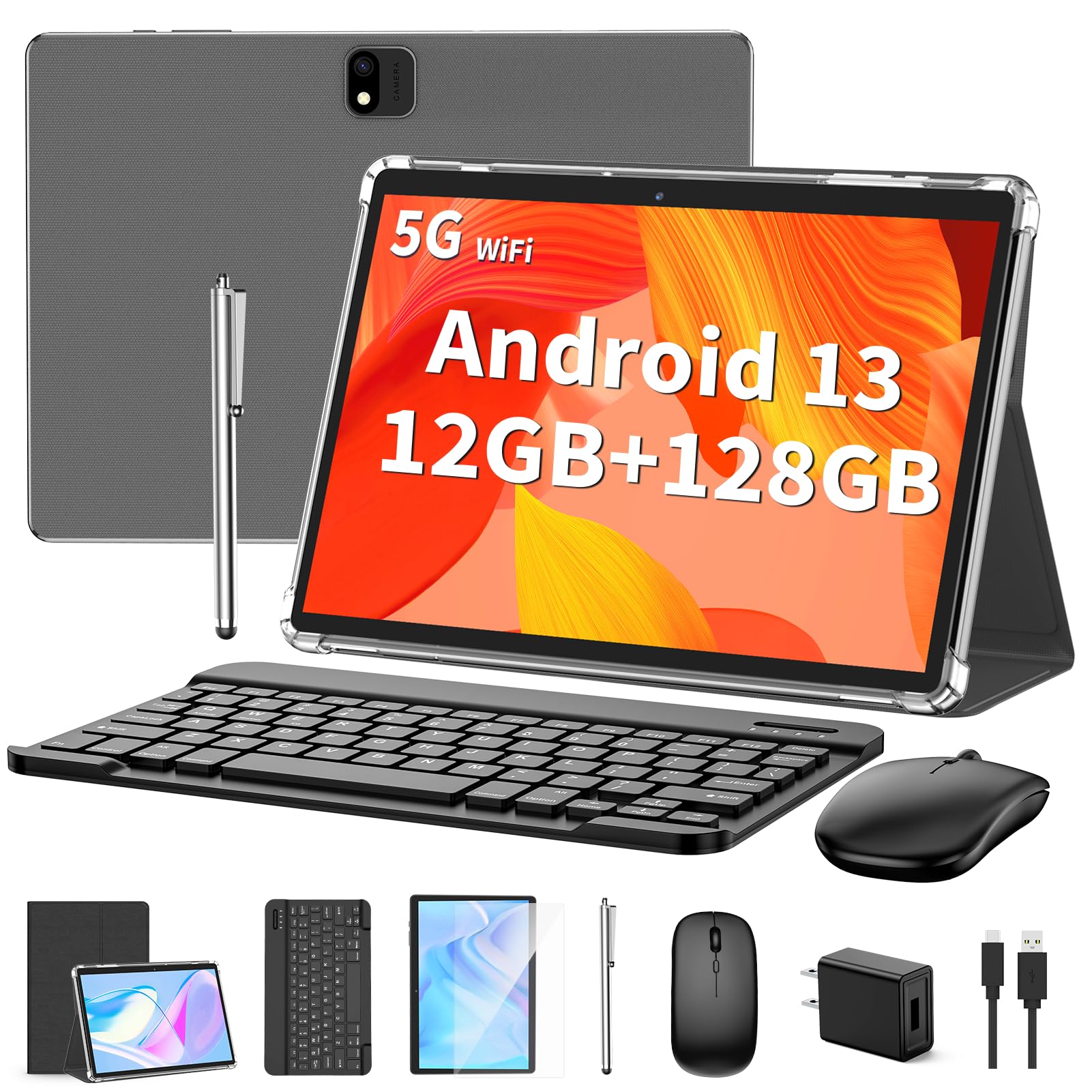 Android 13 Tablet 10 Inch, 6GB RAM + 128GB Storage, 2-in-1 with Keyboard, Case, Mouse & Stylus, 8000mAh, 2.4G/5G WiFi, GPS — Black