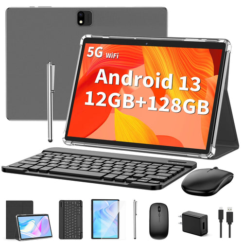 Android 13 Tablet 10 Inch, 6GB RAM + 128GB Storage, 2-in-1 with Keyboard, Case, Mouse & Stylus, 8000mAh, 2.4G/5G WiFi, GPS — Black
